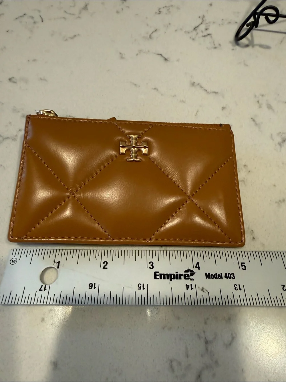 Tory Burch Caramel Quilted Leather Zip Card Holder with Gold Logo